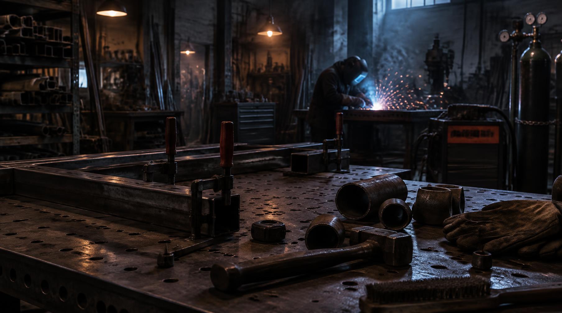 Werkplaats met lastafel, klemmen en pijpstukken